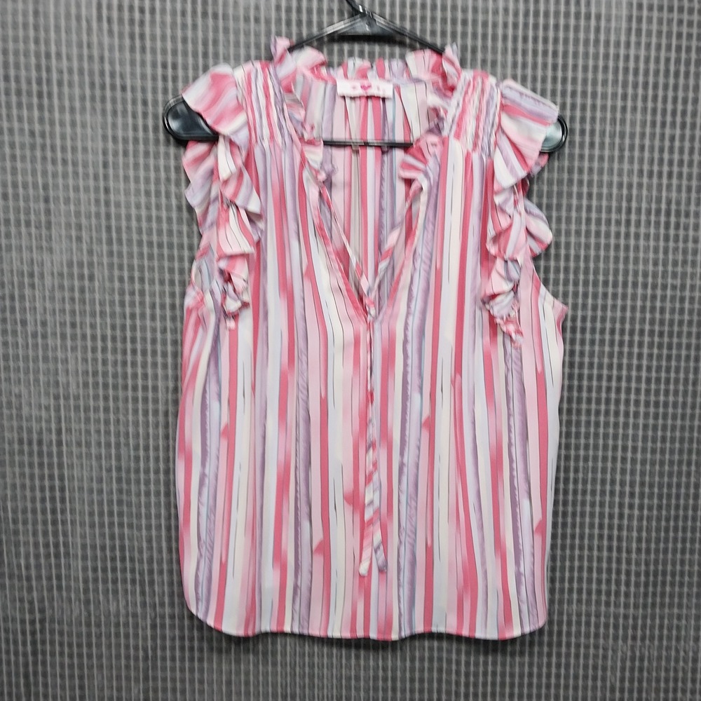 Buddy‎ Love Women Sleeveless Ruffle Blouse Striped Medium Pink